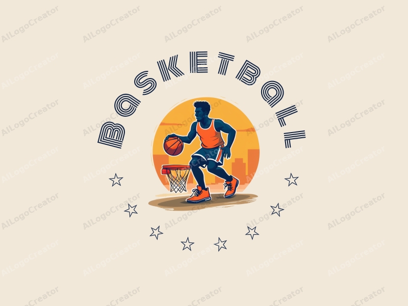 playful design features a dynamic athlete dribbling a basketball, a stylized hoop in the background, and vibrant orange sneakers, combined with a clean and energetic layout.