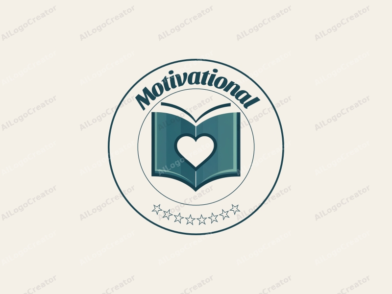 modern design features a stylized book and a heart symbol, representing motivation and encouragement, combined with a clean background in blue and green colors.