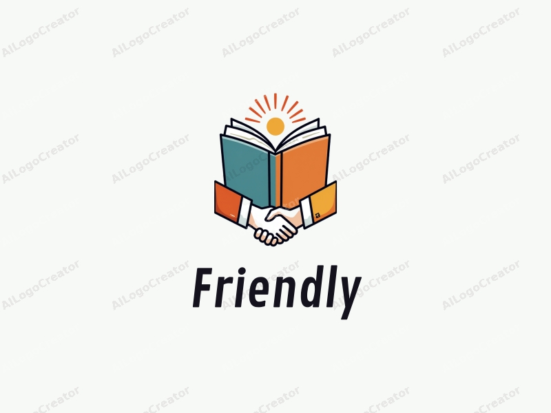 playful design features a stylized book and a handshake, combined with a clean background, emphasizing friendship and community in an educational and social context.