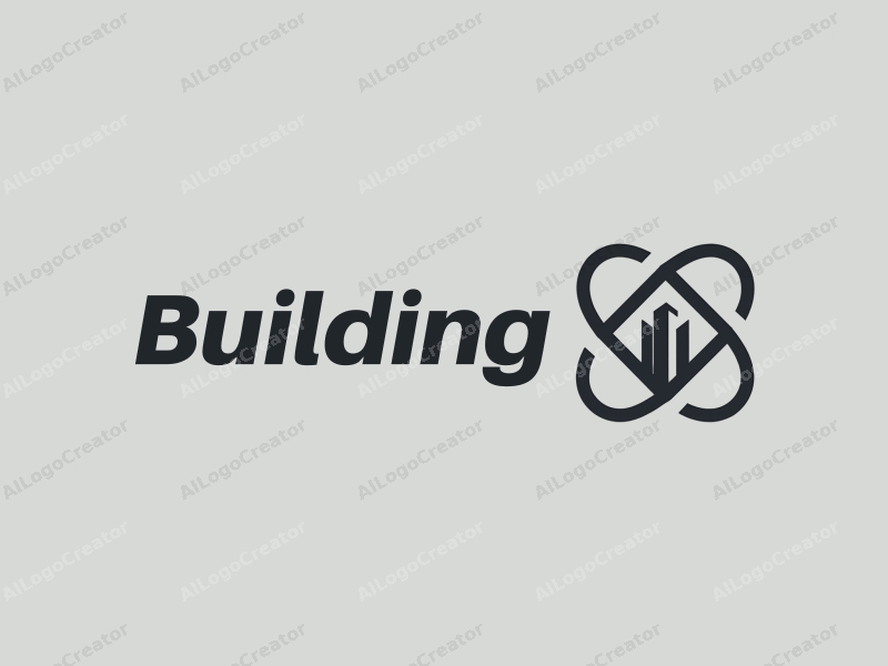 minimalist design features a stylized building silhouette intertwined with atomic structures, utilizing a modern design approach combined with a clean gray background.