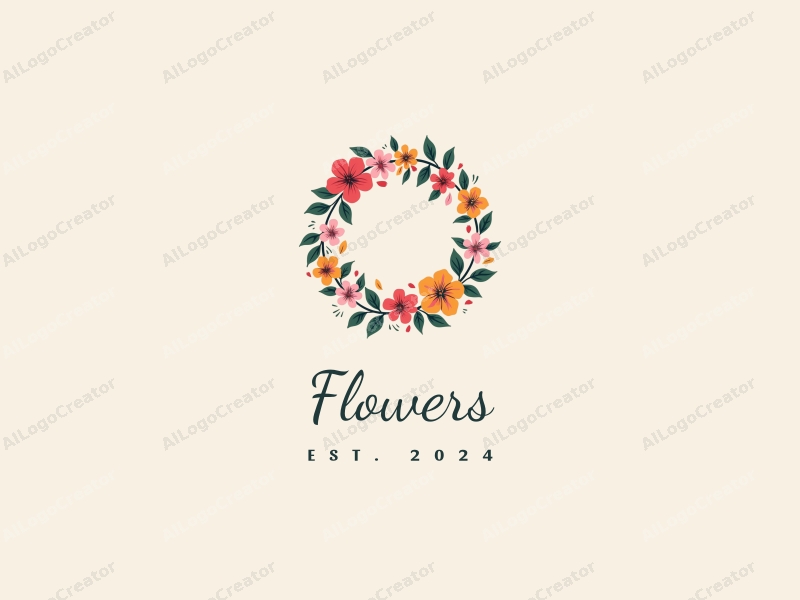 playful design features vibrant flowers and petals arranged in a circular wreath, complemented by playful leaves, all set against a clean background.