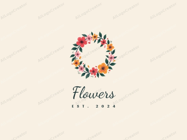 playful design features vibrant flowers and petals arranged in a circular wreath, complemented by playful leaves, all set against a clean background.