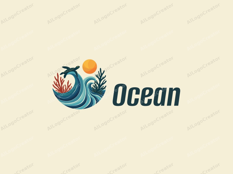 a modern design featuring stylized ocean waves, a sea turtle, and coral elements, combined with a clean background and a harmonious composition.