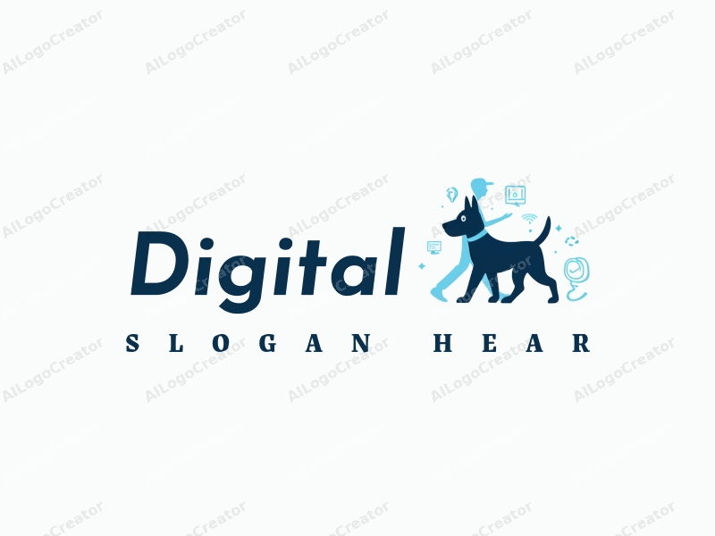 a modern minimalist design featuring digital technology symbols, a stylized pet walking silhouette, and a clean background with blue and black color scheme.