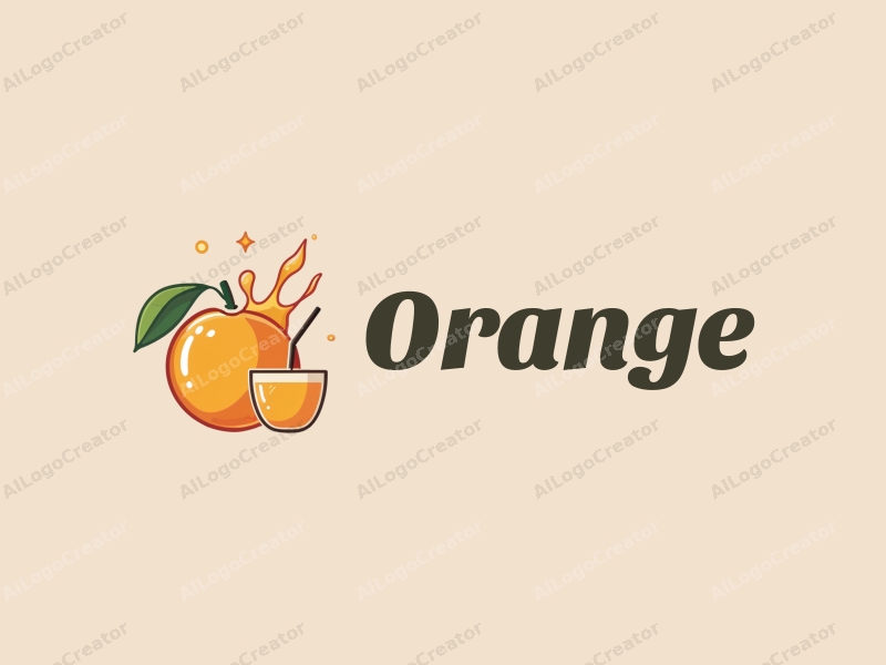 playful design features a vibrant orange, a stylized juice splash, and a small cup, combined with a clean background.