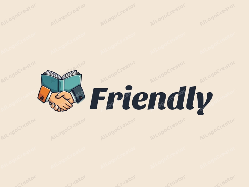 playful design features a stylized book and a handshake, combined with a clean background, emphasizing friendship and community in an educational and social context.