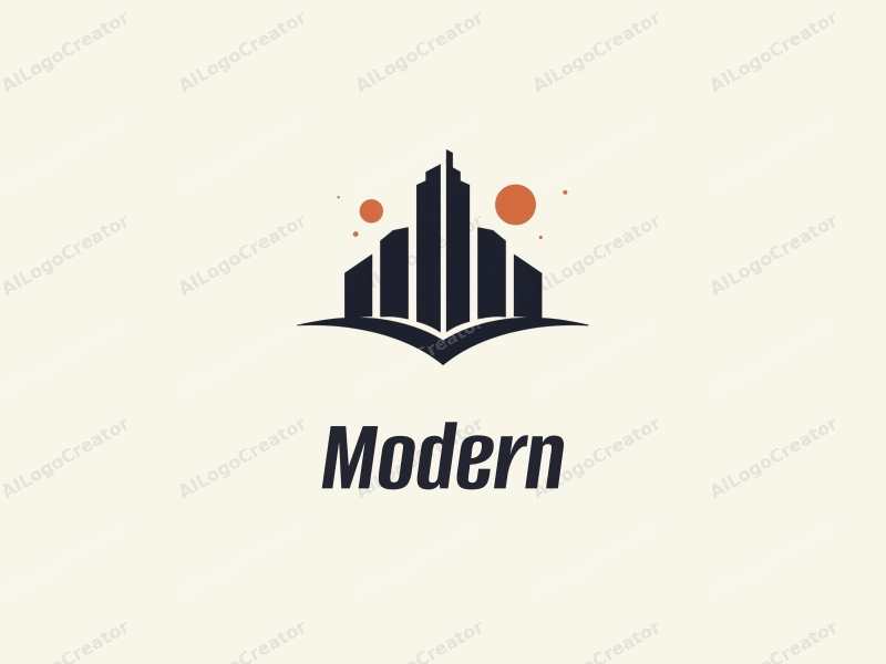 a modern minimalist design featuring a stylized building silhouette, innovative use of space, and a clean background with simple geometric shapes.