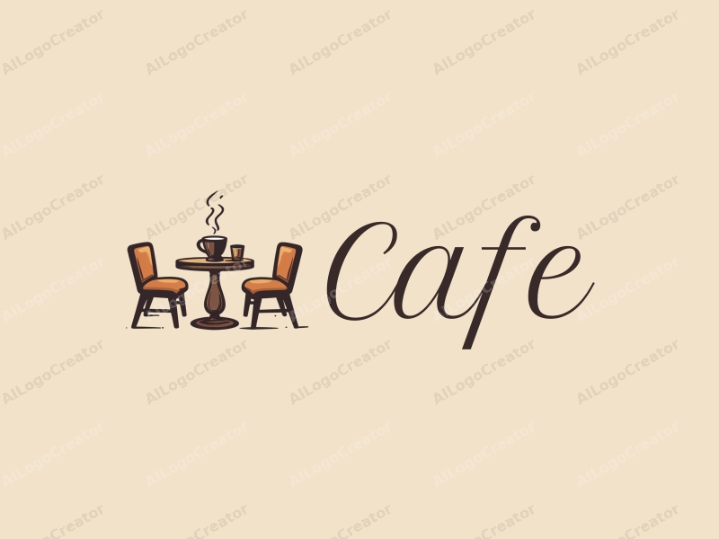 vintage design features a stylized coffee cup, retro table, and chairs, combined with a clean background.