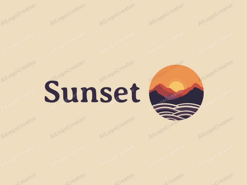 vintage design features a stylized sunset over mountains, with gentle waves in the foreground, using a harmonious blend of orange and purple colors against a clean background.