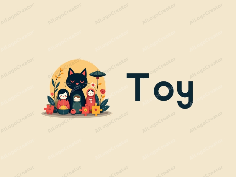 playful design features a colorful arrangement of dolls and puzzles, incorporating a stylized black cat and elements of automation, combined with a clean and harmonious background.