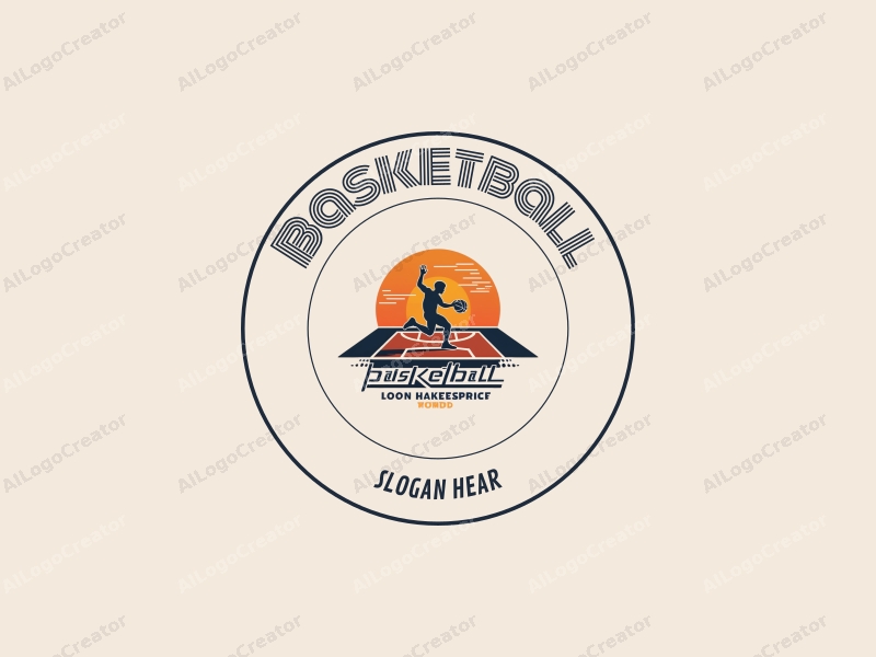 playful design features a stylized basketball, an athlete in motion, and a basketball court background combined with a clean and simple layout.