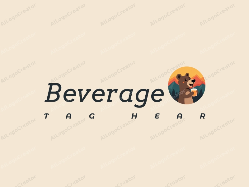 a modern design featuring a happy bear enjoying a beverage amidst colorful mountains, with a clean and harmonious composition.