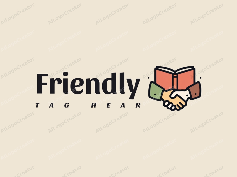 playful design features a stylized book and a handshake, combined with a clean background, emphasizing friendship and community in an educational and social context.