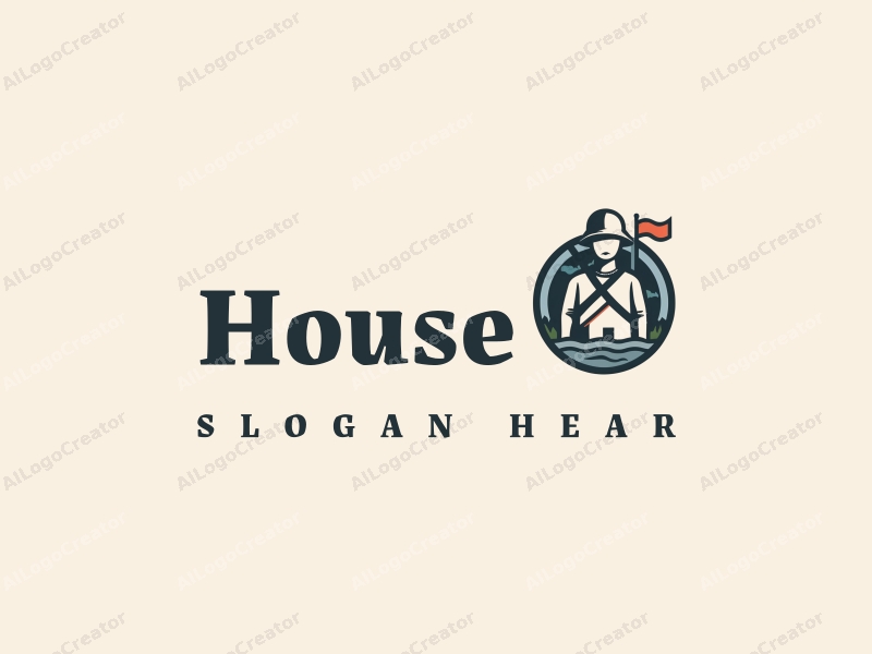 modern design features a stylized house and soldier within a circular shape, combined with a clean background.