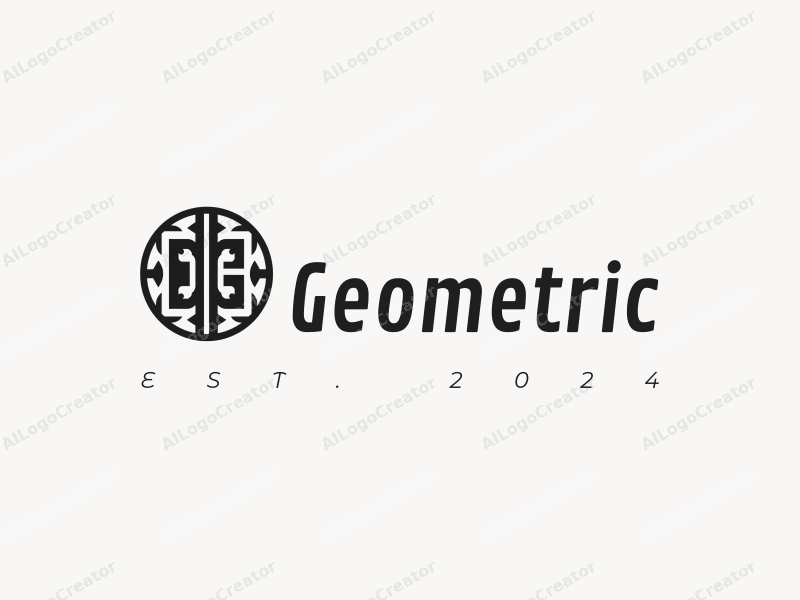 geometric design features a harmonious combination of squares and circles, stylized letters integrated within a circular ring, all presented in a clean black and white color scheme.