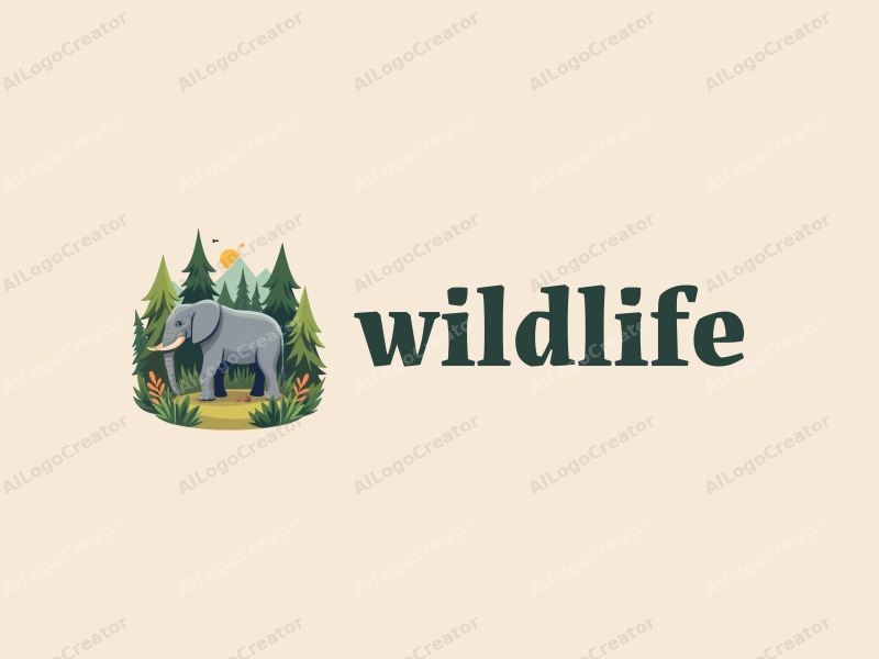 playful design features a stylized elephant amidst a lush forest, incorporating elements of wildlife and nature landscapes, with a clean background and harmonious composition.