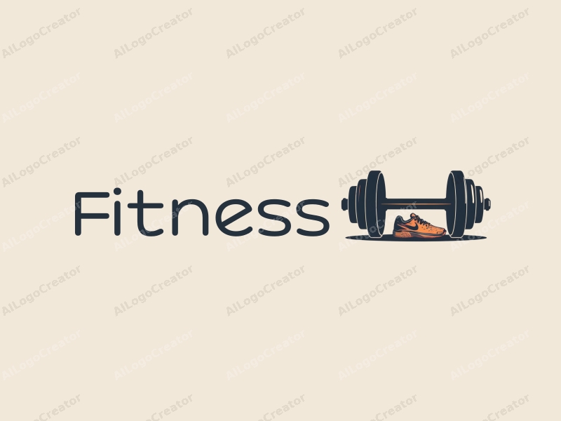 modern design features a stylized dumbbell and running shoes, combined with a clean background and a minimalist approach.