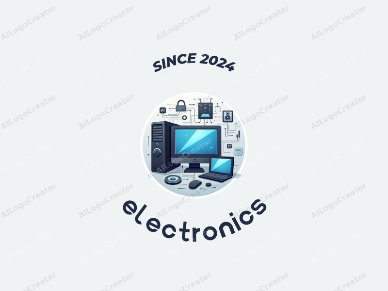 a modern design featuring sleek electronic devices and a stylized computer, integrated with circuit board patterns and processor elements, combined with a clean silver background.