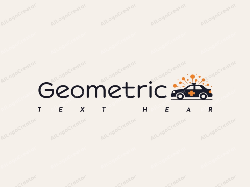 geometric design features a stylized police car integrated with square and circular shapes, accented by orange lines, set against a clean black and white background.