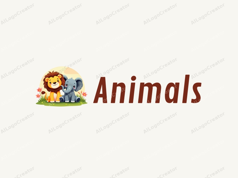 playful design features a small lion and a small elephant in a vibrant, colorful setting, incorporating elements of wildlife and education with a clean background.