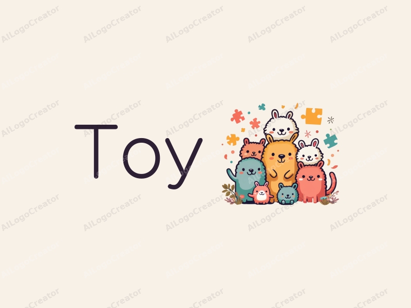 playful design features colorful fluffy animals, stylized dolls, and puzzle pieces combined with a clean background.