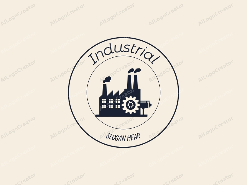 modern design features a stylized factory silhouette, interlocking gears, and a conveyor belt, combined with a clean background.