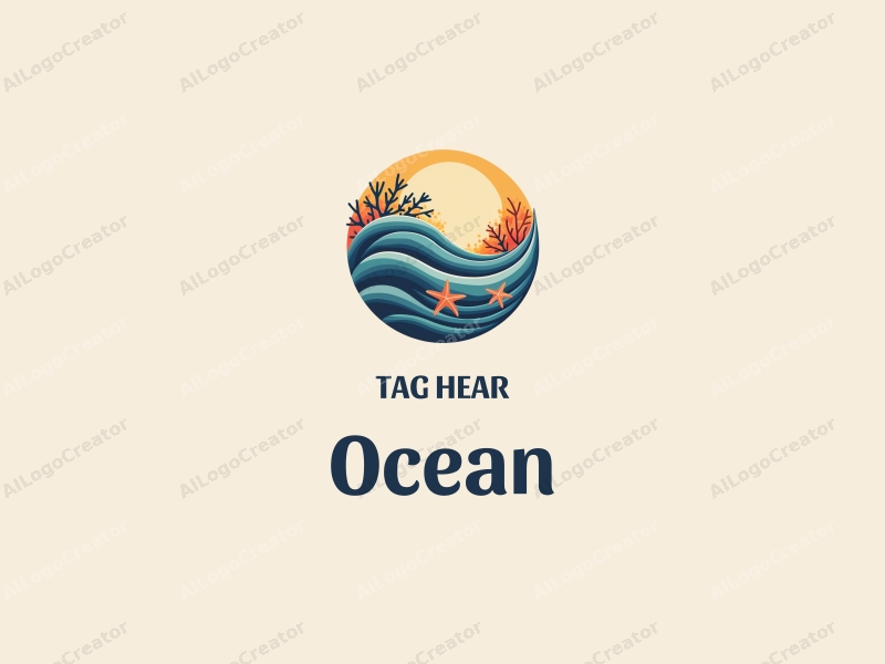 a modern design featuring stylized waves, marine life including coral and starfish, combined with a clean background and a harmonious composition.