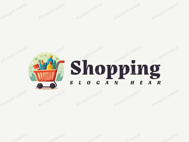 a modern design featuring a colorful shopping cart filled with various products, set against a stylized mall background, emphasizing simplicity and harmony in composition.