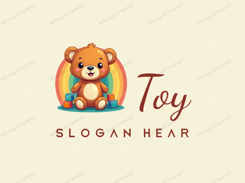 a cute cartoon design featuring a colorful teddy bear, a vibrant rainbow, and playful building blocks, combined with a clean background.