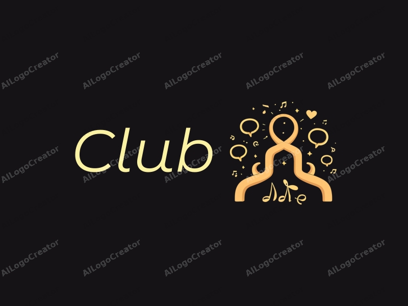 a modern minimalist design featuring a stylized club silhouette, intertwined musical notes and speech bubbles, combined with a clean black background.