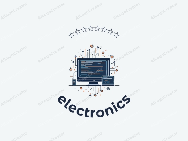 モダンなデザインはスリークな電子機器とスタイライズされたコンピュータのシルエットを特徴とし、回路とチップの要素と組み合わせ、クリーンな背景と統合されています。