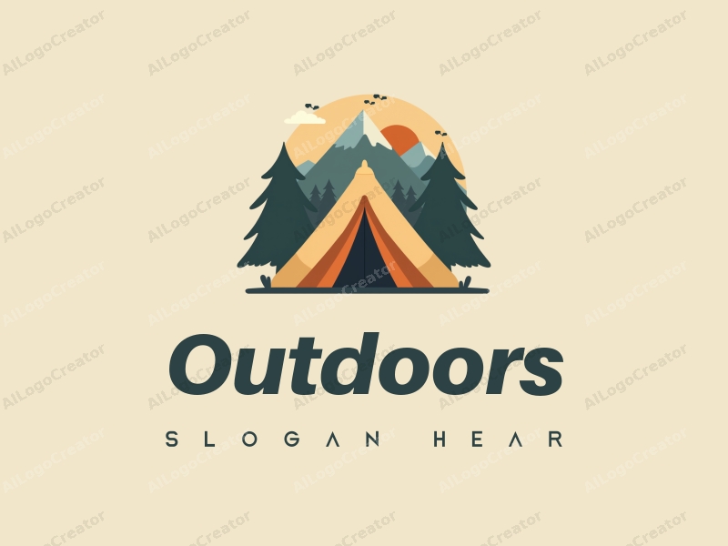 modern design features a stylized camping tent and mountain peak, combined with a clean background and a harmonious composition.