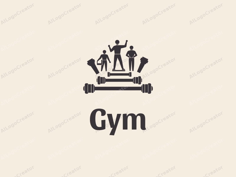 modern design features stylized dumbbells and yoga mats, combined with active individuals in a clean background, emphasizing fitness and movement.