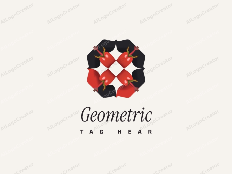 geometric design features a harmonious combination of squares and circles, incorporating stylized tomatoes and red sauce elements, with a clean black and white background.