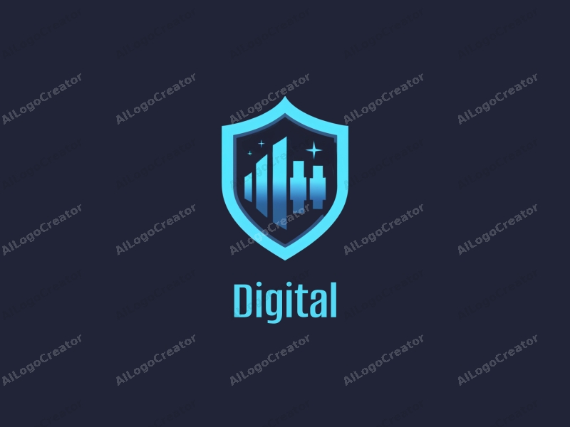 a modern minimalist design featuring a digital shield integrated with a city skyline, using blue and black colors, combined with a clean background.