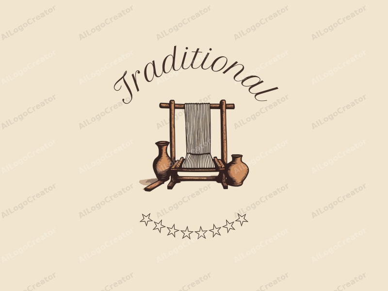 vintage design features a weaving loom and pottery, combined with a classic aesthetic and a clean background.