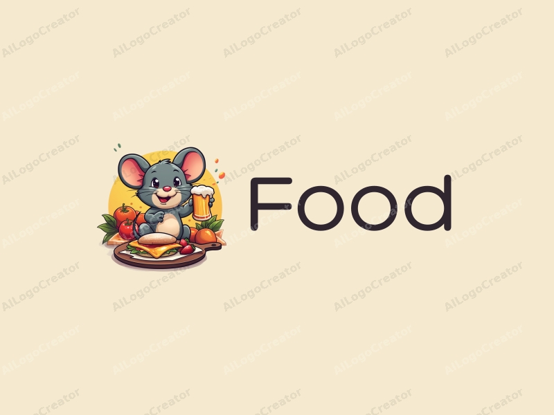 a modern design featuring a playful mouse holding a beer mug, surrounded by vibrant food elements like fruits and dishes, all combined with a clean background for a lively and inviting atmosphere.