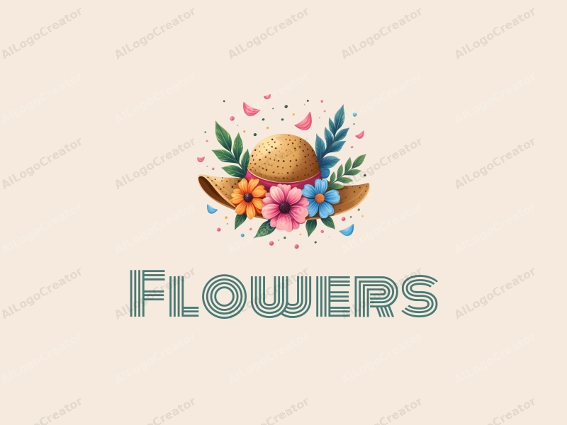 playful design features vibrant flowers and petals, a whimsical straw hat, and a cheerful flower crown combined with a clean background.