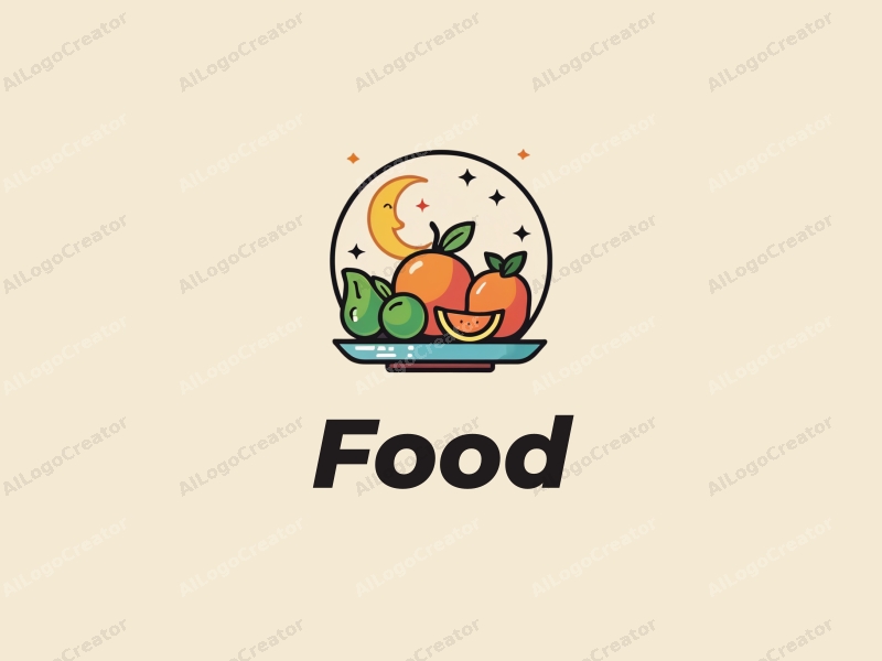 a modern design featuring vibrant food elements like fruits and dishes, combined with a stylized moon and stars, creating a harmonious and clean composition.