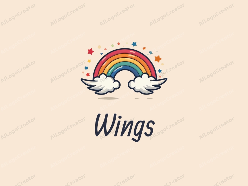 playful design features stylized wings and a flying motif, surrounded by fluffy clouds and a vibrant rainbow, combined with a clean background.