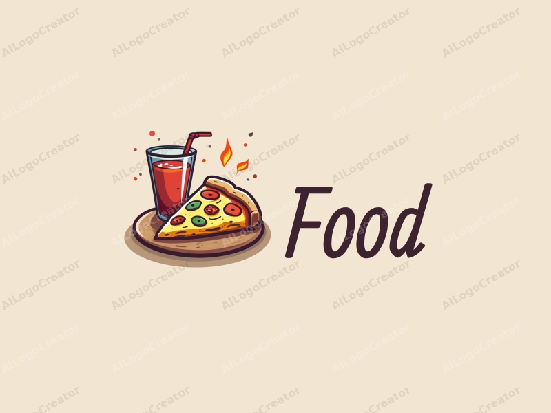 a modern design featuring a vibrant pizza slice and a refreshing beverage, combined with a clean background and a playful arrangement of food elements.