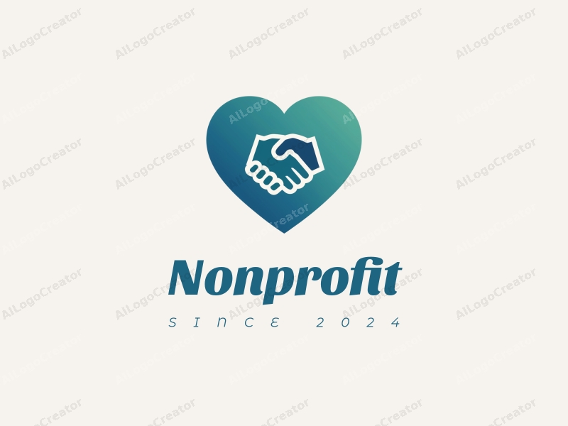 modern design features a stylized heart and handshake symbolizing charity and volunteerism, combined with a clean background in blue and green tones.