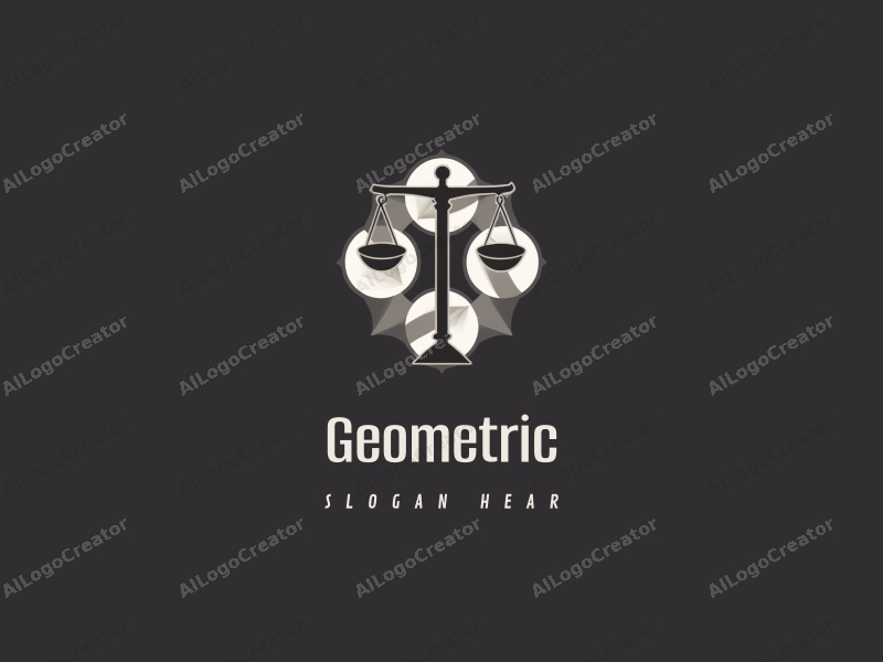 geometric design features a harmonious combination of squares and circles, incorporating a balance scale and gavel, with a clean black and white color scheme.