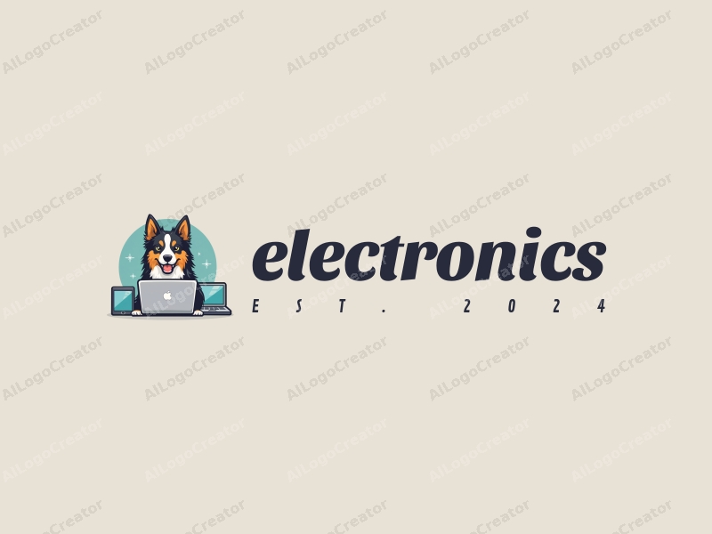 a modern design featuring a sleek laptop and an Australian Shepherd, combined with electronic devices, using a silver color palette and a clean background.