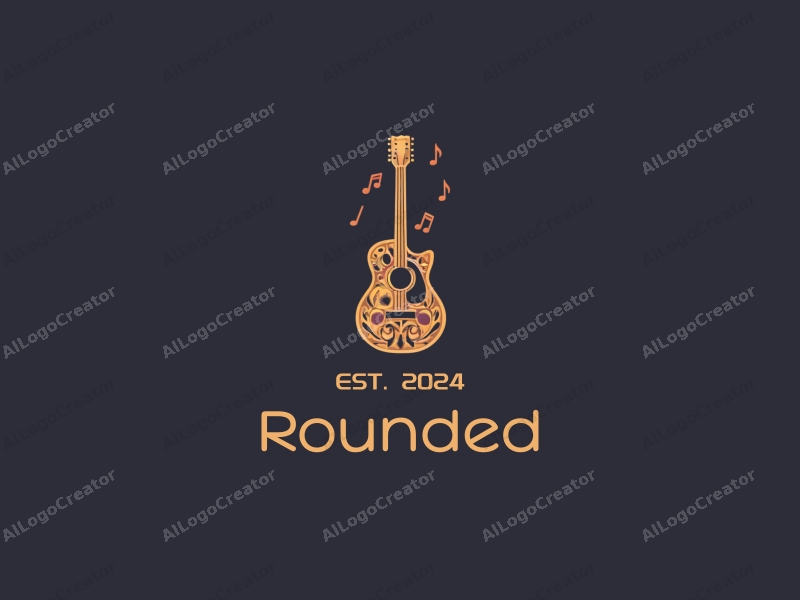 geometric design features circular shapes and curves, a stylized guitar silhouette intertwined with musical notes, combined with a clean background.