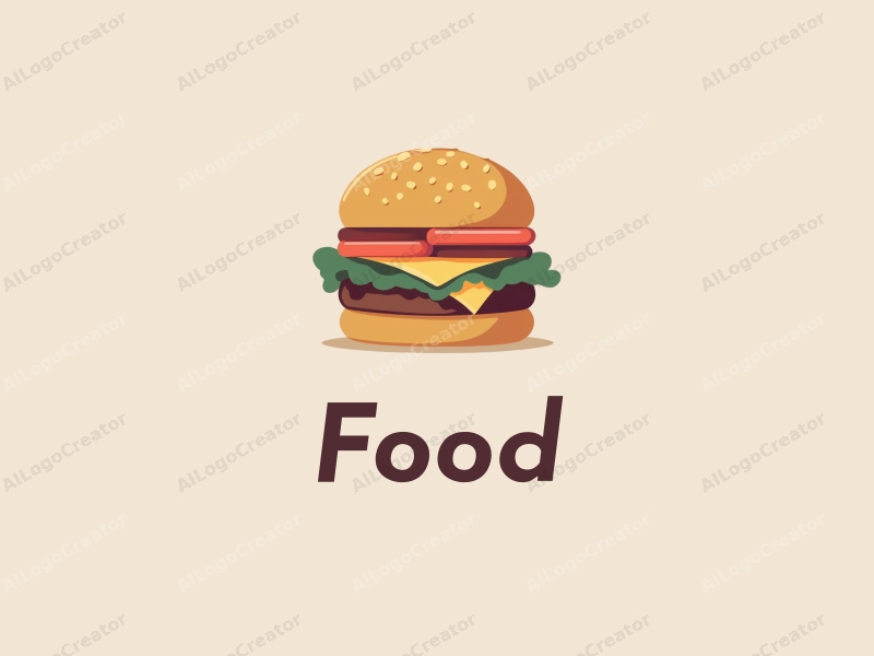 a modern design featuring a stylized burger and fries, with vibrant colors and a clean background, emphasizing the deliciousness of the food in a harmonious and simple composition.