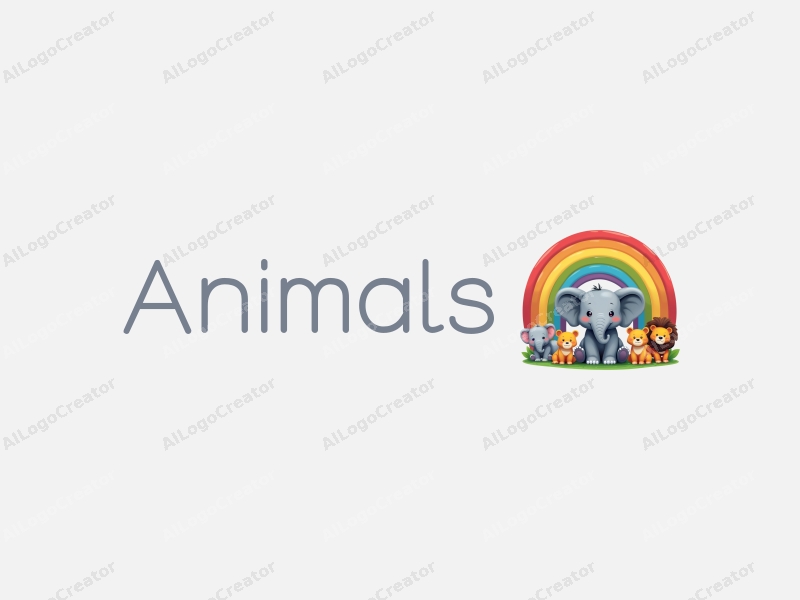 playful design features a small elephant under a vibrant rainbow, surrounded by various wild animals, using a colorful palette and a clean background.