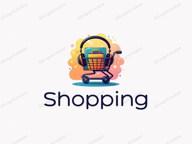 a modern design featuring a colorful shopping cart and headphones, combined with a vibrant mall background, emphasizing a contemporary retail experience.