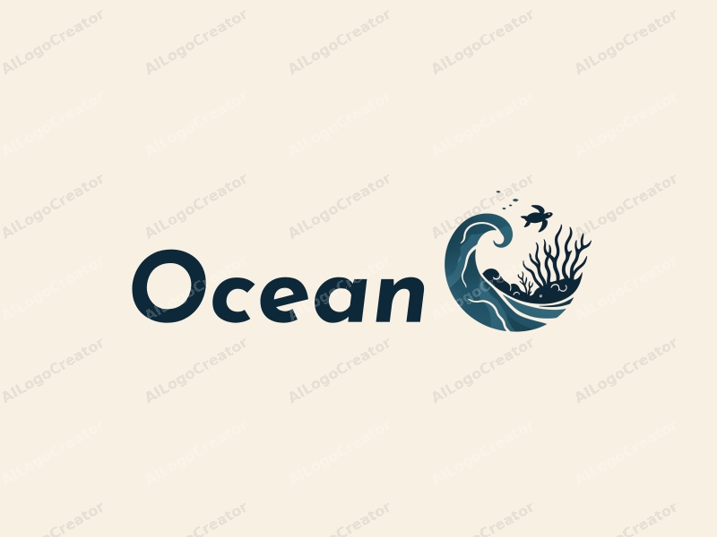 modern design features stylized waves, marine life including coral and a sea turtle, combined with a clean background.