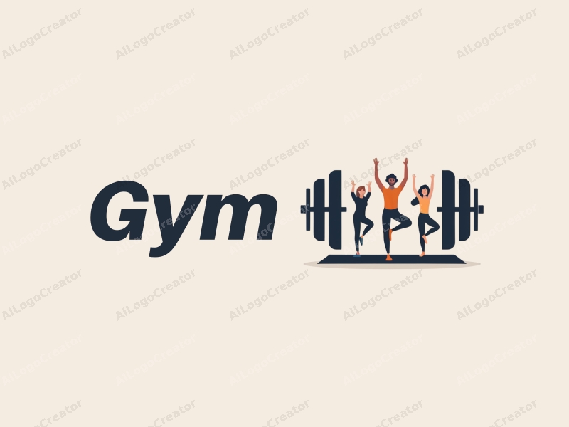 modern design features stylized dumbbells and yoga mats, combined with active individuals in a clean background, emphasizing fitness and movement.